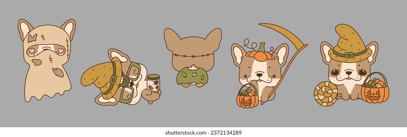 Set of Vector Halloween French Bulldog Dog Illustrations. Collection of Kawaii Isolated Halloween Puppy Art. 