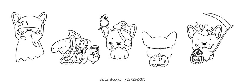 Set of Vector Halloween French Bulldog Dog Coloring Page. Collection of Kawaii Isolated Halloween Puppy Outline. 