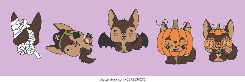 Set of Vector Halloween German Shepherd Dog Illustrations. Collection of Kawaii Isolated Halloween Dog Art. 