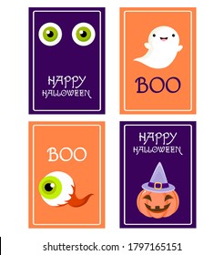 Set of vector Halloween gift tag, card, badge, sticker. Elements for scrapbooking. Vertical template card for greeting, decoration, congratulation, invitation. Inscription Happy Halloween, Boo. EPS8