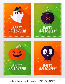 Set of vector Halloween greeting card designs with ghost, skull, cauldron and pumpkin in flat style with long shadows, stars and holiday wishes