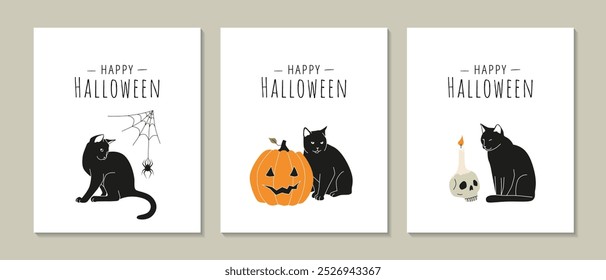 Set of vector Halloween greeting cards with black cat illustration, spider web, pumpkin lantern and scull. Cat with scary holiday decorations on white background