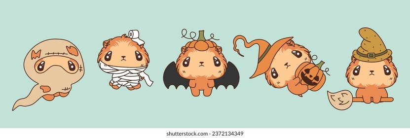 Set of Vector Halloween Guinea Pig Illustrations. Collection of Kawaii Isolated Halloween Rodent Art. 