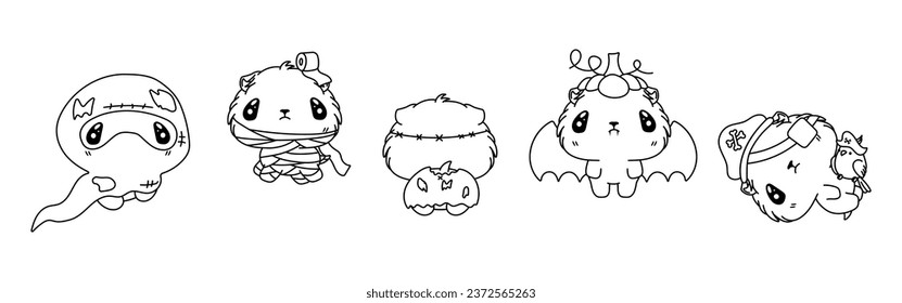 Set of Vector Halloween Guinea Pig Coloring Page. Collection of Kawaii Isolated Halloween Rodent Outline. 