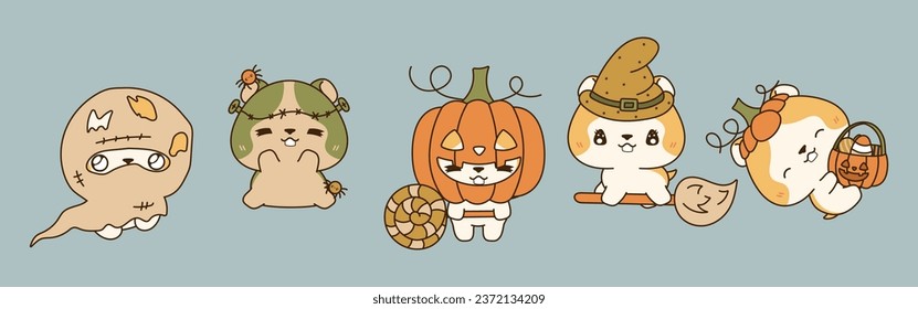 Set of Vector Halloween Hamster Illustrations. Collection of Kawaii Isolated Halloween Rodent Art. 