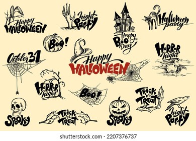 Conjunto de frases manuscritas vectoriales de Halloween para invitaciones a fiestas de diseño, volantes, afiches.