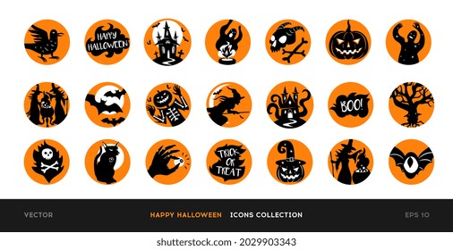 Set of vector Halloween icons. Black silhouettes of illustrations of Halloween design in orange circles. Spooky funny cartoon vector with witches, haunted house, pumpkin, lantern, isolated on white