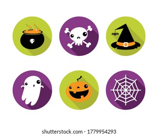 Set of vector Halloween icons. Pot, skull, ghost, pumpkin, hat, web isolated on a green and purple circles. Creative set of icons. Flat design. For web, apps, invitations, cards, posters, flyers.