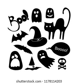 Set of vector halloween icons. Traditional elements of Halloween. Black silhouettes. Halloween holiday symbol. Decor for design, packaging, postcards, print, web