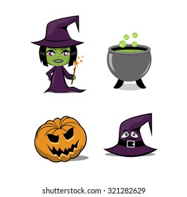 Set of vector halloween icons. Witch, cauldron, scary pumpkin, hat.