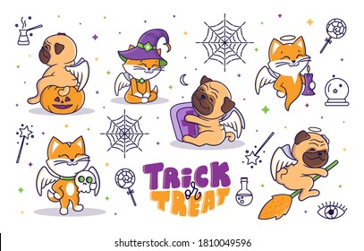 Set of vector Halloween illustration cartoons with linear icons and Trick or Treat lettering. The baby characters with stars at night. Angel animals for dias de los muertos, posters, parties, holiday 