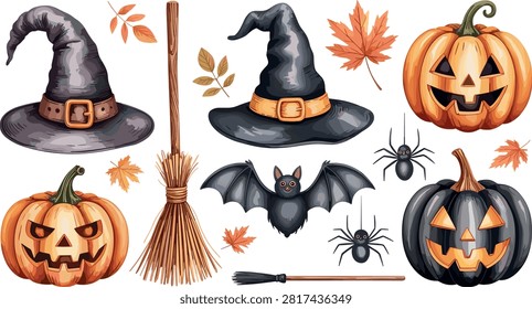 Set of vector Halloween illustrations featuring witch hats, jack-o'-lantern pumpkins, a magic broomstick, a flying bat, a spider, and autumn maple leaves, isolated on a white background. Perfect for Halloween designs, spooky party decorations, and seasonal concepts.