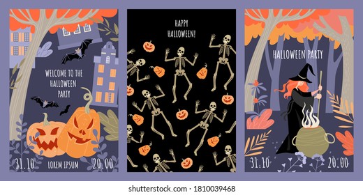 Set of vector halloween invitation banners with cartoon funny skeletons, pumpkins and witch in autumn forest. Illustrations in flat style