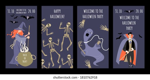Set of vector halloween invitation banners with cartoon funny skeletons, ghosts, witch and vampire. Illustrations in flat style