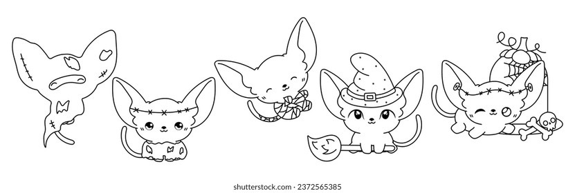 Set of Vector Halloween Kitty Coloring Page. Collection of Kawaii Isolated Halloween Sphynx Cat Outline. 