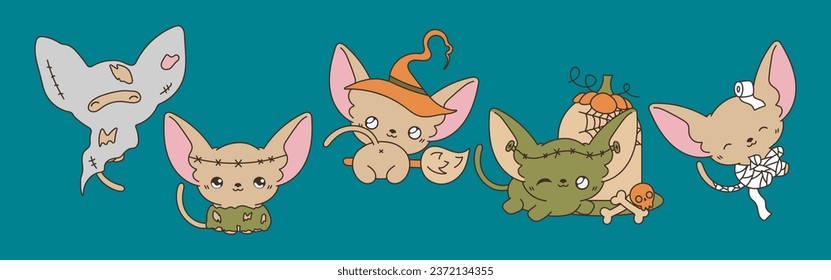 Set of Vector Halloween Kitty Illustrations. Collection of Kawaii Isolated Halloween Sphynx Cat Art. 