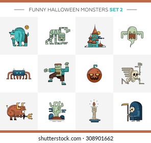 Set of vector Halloween line flat design modern icons and characters. Funny scary personages.
