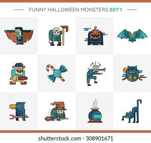 Set of vector Halloween line flat design modern icons and characters. Funny scary personages.
