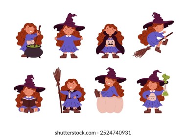 A set of vector for Halloween with a little witch girl in a hat, flying on a broom, brewing a potion, reading a spell, holding a scary pumpkin in her hands