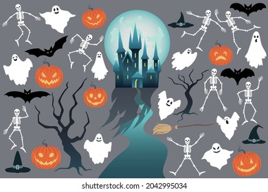Set of vector Halloween objects. Isolated elements holiday collection. Castle on Full moon background, bats, ghosts, skeletons, pumpkins, witch hats, broom, trees. Great for greeting card, invitation.