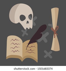 Set of vector halloween objects. Skull, a book with knowledge and a magic scroll.