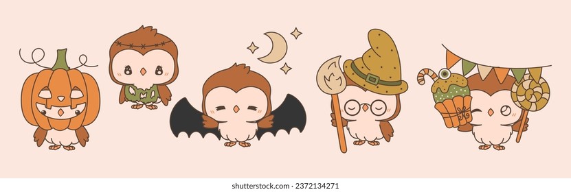 Set of Vector Halloween Owl Illustrations. Collection of Kawaii Isolated Halloween Forest Bird Art. 