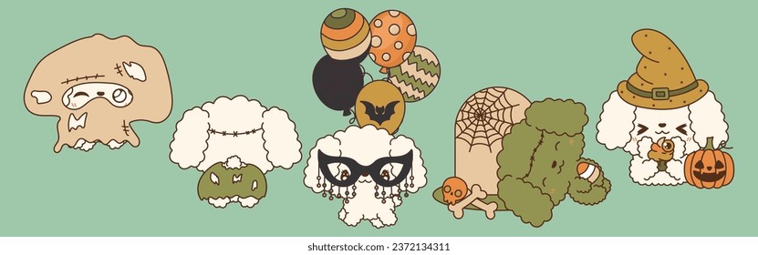 Set of Vector Halloween Poodle Dog Illustrations. Collection of Kawaii Isolated Halloween Doggy Art. 