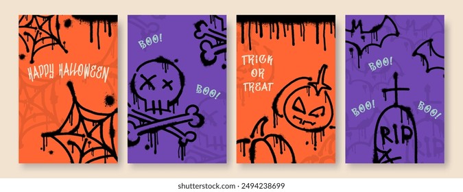 Set of vector halloween posters with grunge graffiti elements. Cover templates with spider web, skull, pumpkin, grave and bats. Artistic ink leaks and stains.