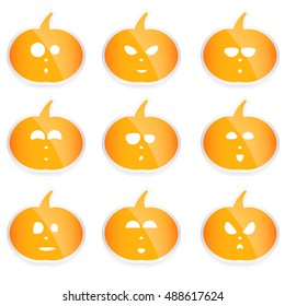 set of vector Halloween pumpkins, cute and funny faces sticker on white background