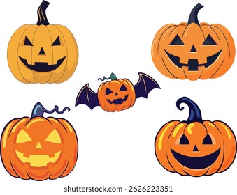 Set of vector Halloween pumpkins. Isolated on transparent background.