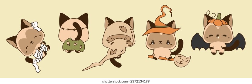 Set of Vector Halloween Siamese Cat Illustrations. Collection of Kawaii Isolated Halloween Animal Art. 