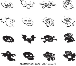Conjunto de elementos de silueta vectorial Halloween. Clipart blanco y negro. Cobertura de sombra aterradora con jack-o-lantern, fantasma, cráneo, murciélago. Diseño de vacaciones de otoño.