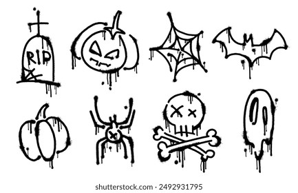 Set of vector halloween spray painted doodle icons. Collection of hand drawn grunge graffiti elements: grave, pumpkins, spiderweb, bat, spider, skull, ghost.