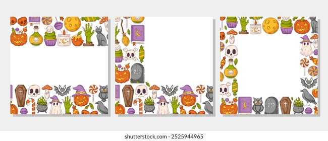Set of vector halloween square posters, space for text. Colorful upper, bottom, corner border frame with spooky and scary elements. For postcard, banner, invitation, social media, party or planner.