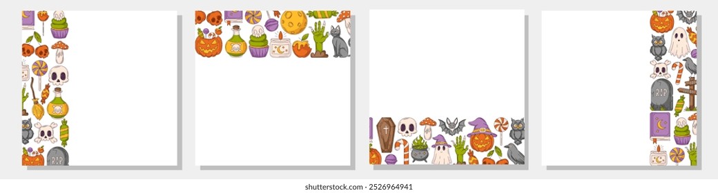 Set of vector halloween square posters, space for text. Colorful upper, bottom, sides border frame with spooky and scary elements. For postcard, banner, invitation, social media, party or planner.