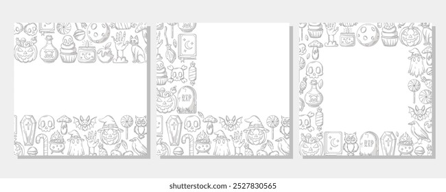 Set of vector halloween square posters, space for text. Monochrome upper, bottom, corner border frame with spooky and scary elements. For postcard, banner, invitation, social media, party or planner.