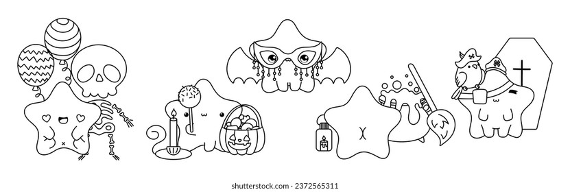 Set of Vector Halloween Starfish Coloring Page. Collection of Kawaii Isolated Halloween Marine Animals Outline. 