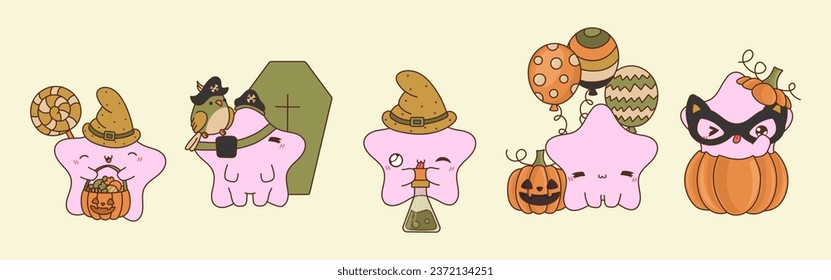 Set of Vector Halloween Starfish Illustrations. Collection of Kawaii Isolated Halloween Marine Animal Art. 