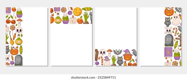 Set of vector halloween vertical a4 poster, space for text. Colorful upper, bottom, sides border frame with spooky and scary elements. For card, banner, invitation, social media, party or planner.