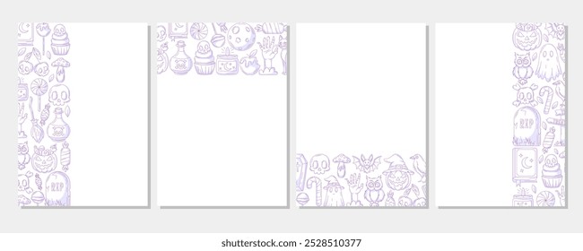 Set of vector halloween vertical a4 poster, space for text. Purple upper, bottom, sides border frame with spooky and scary elements. For card, banner, invitation, social media, party or planner.