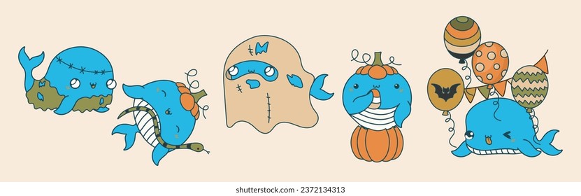 Set of Vector Halloween Whale Illustrations. Collection of Kawaii Isolated Halloween Marine Animal Art. 
