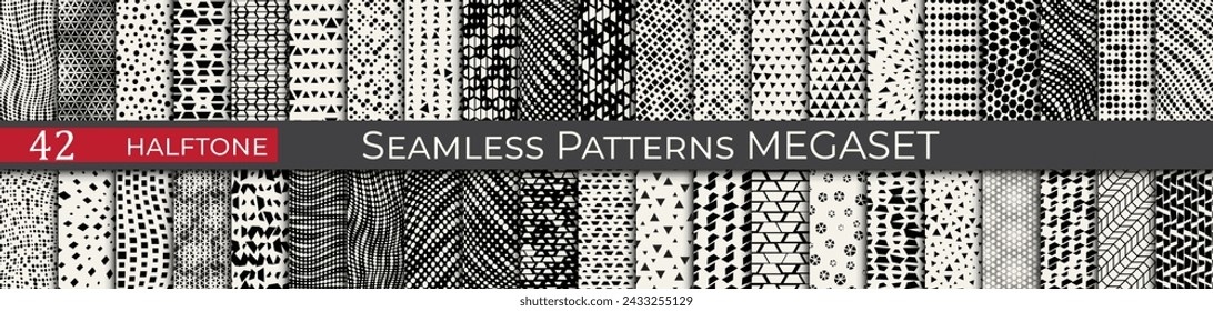 Set of vector haltone patterns. Trendy 70s decoration patterns. Black and white product texture megaset.