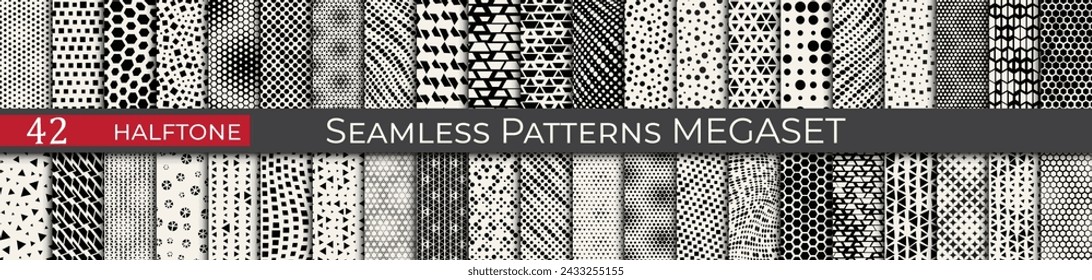 Set of vector haltone patterns. Trendy 70s decoration patterns. Black and white product texture megaset.