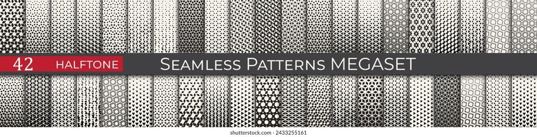 Set of vector haltone patterns. Trendy 70s decoration patterns. Black and white product texture megaset.