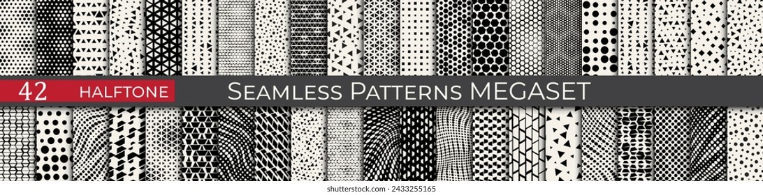 Conjunto de patrones de haltone vectorial. Decoración moderna de los años 70. Megaset de textura de producto en blanco y negro.