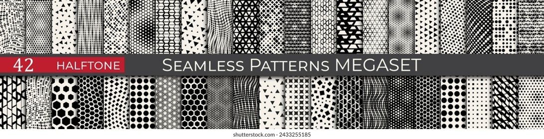 Conjunto de patrones de haltone vectorial. Decoración moderna de los años 70. Megaset de textura de producto en blanco y negro.