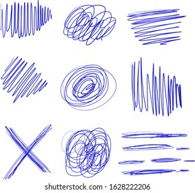 Set of vector hand draw blue pen strikethrough. Same sketch bug fix different form - circle, square and cross. Graphic signs for text and clip art. Collection doodle element of Kids scrawl.