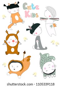 Set of vector hand draw.  Cute kids. For your design and creativity. Save the date, baby shower, birthday. Pastel colors