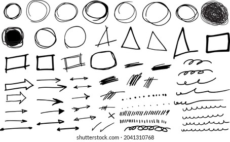 conjunto de formas de doodle de dibujo de mano vectorial, flechas, círculo, triángulo. 