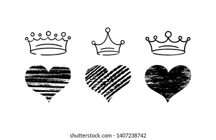 Set of vector hand draw graffiti crown icons with hearts for young prince or princess. Vector illustration doodle style for Queen and King. Sketch ink brush doodle crowns and hearts.